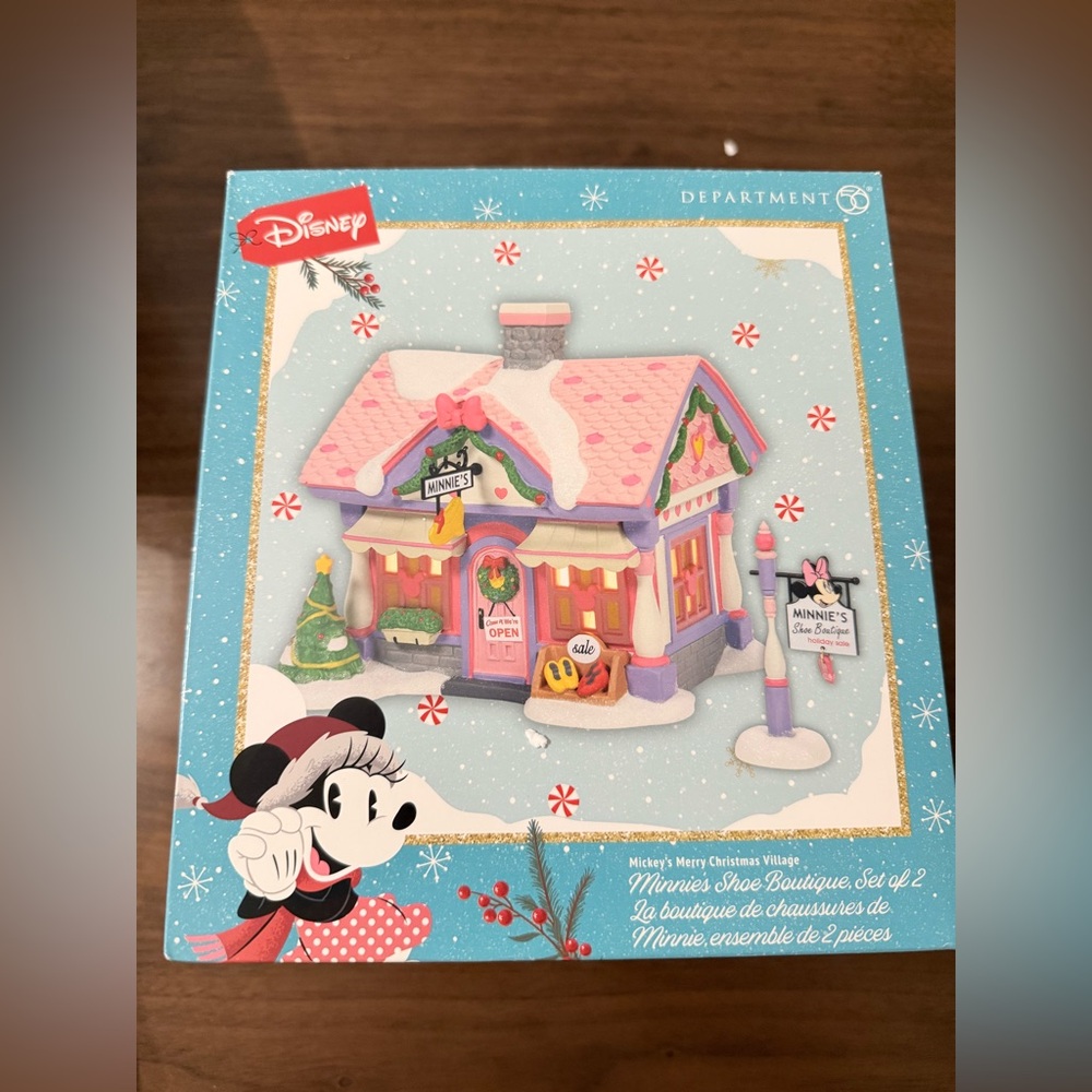Disney Minnie Mouse Christmas shoe boutique Village Set of 2 New